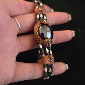 Round Glass Bead Cat's Eye Cabochon Braided Dyed Leather Bracelet Handmade Boho